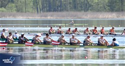 Lorenz Lindorfer (b), Michal Karlovsky, Jakob Stadler, Thomas Lehner, Joerg Auerbach, Bruno Bachmair, Xaver Haider, Gabriel Stekl (s), Teresa Pellegrini (c), Men's Eight, Austria, 2024 World Rowing Cup I, Varese, Italy / Maren Derlien/MyRowingPhoto.com