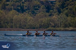 Nataliya Dovgodko (b), Kateryna Dudchenko, Daryna Verkhogliad, Anastasiia Kozhenkova (s), Women's Quadruple Sculls, Ukraine, 2024 World Rowing Cup I, Varese, Italy / World Rowing / Benedict Tufnell