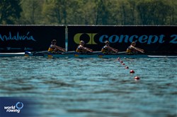 Nataliya Dovgodko (b), Kateryna Dudchenko, Daryna Verkhogliad, Anastasiia Kozhenkova (s), Women's Quadruple Sculls, Ukraine, 2024 World Rowing Cup I, Varese, Italy / World Rowing / Benedict Tufnell