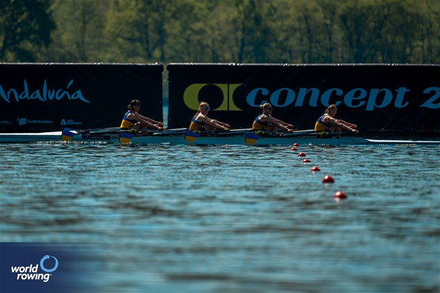 Nataliya Dovgodko (b), Kateryna Dudchenko, Daryna Verkhogliad, Anastasiia Kozhenkova (s), Women's Quadruple Sculls, Ukraine, 2024 World Rowing Cup I, Varese, Italy / World Rowing / Benedict Tufnell