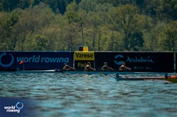 Nataliya Dovgodko (b), Kateryna Dudchenko, Daryna Verkhogliad, Anastasiia Kozhenkova (s), Women's Quadruple Sculls, Ukraine, 2024 World Rowing Cup I, Varese, Italy / World Rowing / Benedict Tufnell