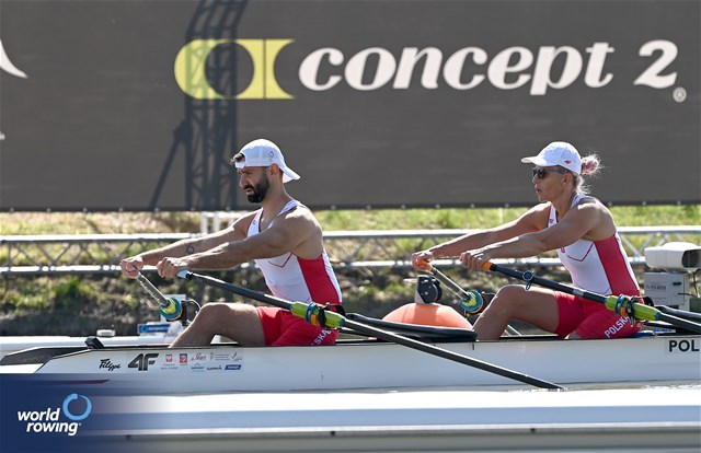 Jolanta Majka (b), Michal Gadowski (s), PR2 Mixed Double Sculls, Poland, 2024 European Rowing Championships, Szeged, Hungary © Maren Derlien / MyRowingPhoto.com