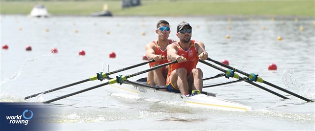 Aleix Garcia I Pujolar (b), Rodrigo Conde Romero (s), Men's Double Sculls, Spain, 2024 European Rowing Championships, Szeged, Hungary © Maren Derlien / MyRowingPhoto.com