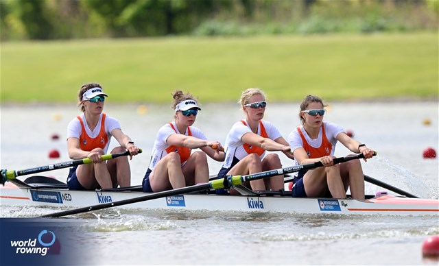 Maartje Damen (b), Nika Johanna Vos, Ilse Kolkman, Willemijn Mulder (s), Women's Four, Netherlands, 2024 European Rowing Championships, Szeged, Hungary © Detlev Seyb / MyRowingPhoto.com