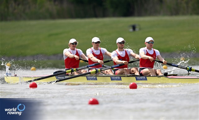 Joel Schuerch (b), Tim Roth, Patrick Brunner, Kai Schaetzle (s), Men's Four, Switzerland, 2024 European Rowing Championships, Szeged, Hungary © Detlev Seyb / MyRowingPhoto.com