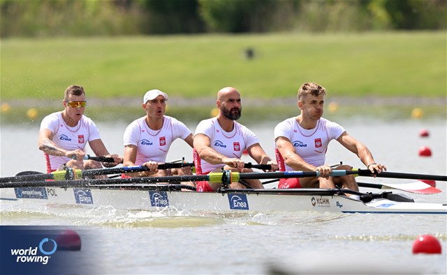 Bartosz Bartkowski (b), Mateusz Wilangowski, Mikolaj Burda, Michal Szpakowski (s), Men's Four, Poland, 2024 European Rowing Championships, Szeged, Hungary © Detlev Seyb / MyRowingPhoto.com