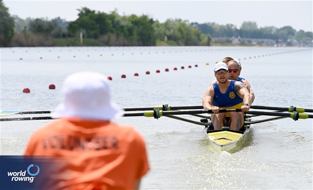 Dmytro Hula (b), Oleh Kravchenko, Sergii Gryn, Oleksii Selivanov (s), Men's Four, Ukraine, 2024 European Rowing Championships, Szeged, Hungary © Maren Derlien / MyRowingPhoto.com