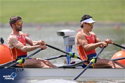 Dennis Carracedo Ferrero (b), Caetano Horta Pombo (s), Lightweight Men's Double Sculls, Spain, 2024 European Rowing Championships, Szeged, Hungary © Detlev Seyb / MyRowingPhoto.com