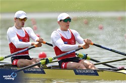 Jan Schaeuble (b), Raphael Ahumada Ireland (s), Lightweight Men's Double Sculls, Switzerland, 2024 European Rowing Championships, Szeged, Hungary © Detlev Seyb / MyRowingPhoto.com