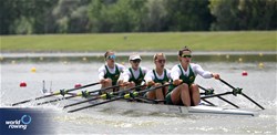 Saule Kryzeviciute (b), Raminta Morkunaite, Ugne Juzenaite, Martyna Kazlauskaite (s), Women's Quadruple Sculls, Lithuania, 2024 European Rowing Championships, Szeged, Hungary © Detlev Seyb / MyRowingPhoto.com