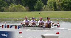 Audrey Feutrie (b), Helene Lefebvre, Elodie Ravera-Scaramozzino, Jeanne Roche (s), Women's Quadruple Sculls, France, 2024 European Rowing Championships, Szeged, Hungary © Detlev Seyb / MyRowingPhoto.com