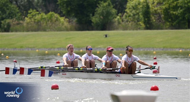 Audrey Feutrie (b), Helene Lefebvre, Elodie Ravera-Scaramozzino, Jeanne Roche (s), Women's Quadruple Sculls, France, 2024 European Rowing Championships, Szeged, Hungary © Detlev Seyb / MyRowingPhoto.com