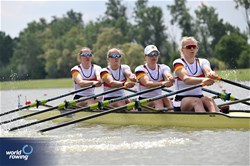 Maren Voelz (b), Lisa Gutfleisch, Leonie Menzel, Pia Greiten (s), Women's Quadruple Sculls, Germany, 2024 European Rowing Championships, Szeged, Hungary © Detlev Seyb / MyRowingPhoto.com