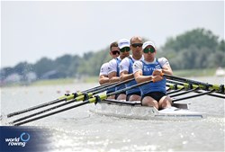 Mikhail Kushteyn (b), Allar Raja, Tonu Endrekson, Johann Poolak (s), Men's Quadruple Sculls, Estonia, 2024 European Rowing Championships, Szeged, Hungary © Detlev Seyb / MyRowingPhoto.com