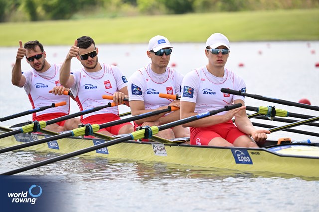 Dominik Czaja (b), Mateusz Biskup, Miroslaw Zietarski, Fabian Baranski (s), Men's Quadruple Sculls, Poland, 2024 European Rowing Championships, Szeged, Hungary © Detlev Seyb / MyRowingPhoto.com