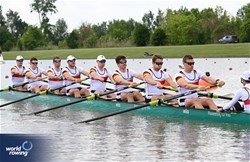 Benedict Eggeling (b), Laurits Follert, Olaf Roggensack, Mattes Schoenherr, Max John, Torben Johannesen, Wolf-Niclas Schroeder, Hannes Ocik (s), Jonas Wiesen (c), Men's Eight, Germany, 2024 European Rowing Championships, Szeged, Hungary © Detlev Seyb / MyRowingPhoto.com