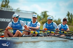 Mikhail Kushteyn (b), Allar Raja, Tonu Endrekson, Johann Poolak (s), Men's Quadruple Sculls, Estonia, 2024 European Rowing Championships, Szeged, Hungary © World Rowing / Benedict Tufnell