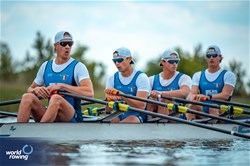 Nicolo' Carucci (b), Andrea Panizza, Luca Chiumento, Giacomo Gentili (s), Men's Quadruple Sculls, Italy, 2024 European Rowing Championships, Szeged, Hungary © World Rowing / Benedict Tufnell