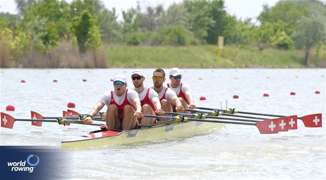 Dominic Condrau (b), Jan Jonah Plock, Scott Baerlocher, Maurin Lange (s), Men's Quadruple Sculls, Switzerland, 2024 European Rowing Championships, Szeged, Hungary © Maren Derlien / MyRowingPhoto.com