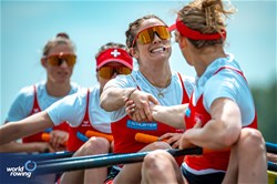 Fabienne Schweizer (b), Sofia Meakin, Celia Dupre, Lisa Loetscher (s), Women's Quadruple Sculls, Switzerland, 2024 European Rowing Championships, Szeged, Hungary © World Rowing / Benedict Tufnell