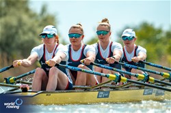 Lauren Henry (b), Hannah Scott, Lola Anderson, Georgina Brayshaw (s), Women's Quadruple Sculls, Great Britain, 2024 European Rowing Championships, Szeged, Hungary © World Rowing / Benedict Tufnell