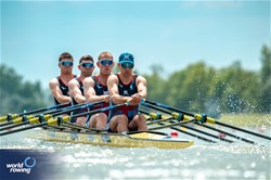 Callum Dixon (b), Tom Barras, Matthew Haywood, Graeme Thomas (s), Men's Quadruple Sculls, Great Britain, 2024 European Rowing Championships, Szeged, Hungary © World Rowing / Benedict Tufnell