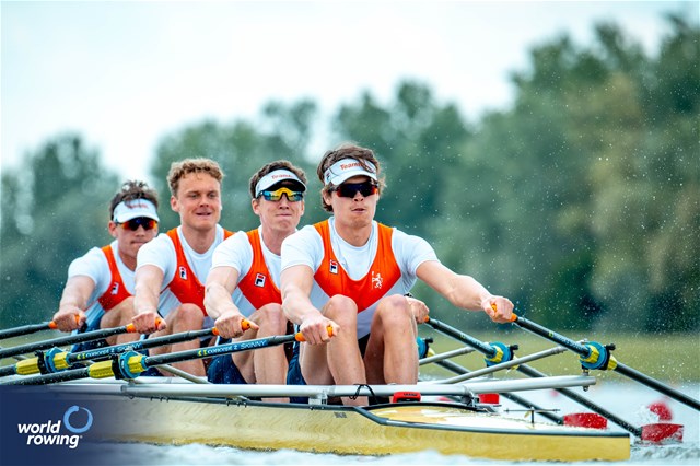 Jorn Salverda (b), Stijn Wieling, Michiel Mantel, Wibout Rustenburg (s), Men's Quadruple Sculls, Netherlands, 2024 European Rowing Championships, Szeged, Hungary © World Rowing / Benedict Tufnell
