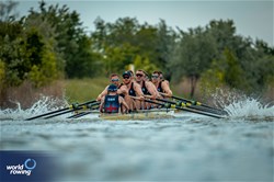 Sholto Carnegie (b), Rory Gibbs, Morgan Bolding, Jacob Dawson, Charles Elwes, Thomas Digby, James Rudkin, Tom Ford (s), Harry Brightmore (c), Men's Eight, Great Britain, 2024 European Rowing Championships, Szeged, Hungary © World Rowing / Benedict Tufnell