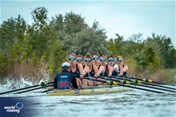 Heidi Long (b), Rowan Mckellar, Lauren Irwin, Eve Stewart, Holly Dunford, Emily Ford, Harriet Taylor, Annie Campbell-Orde (s), Henry Fieldman (c), Women's Eight, Great Britain, 2024 European Rowing Championships, Szeged, Hungary © World Rowing / Benedict Tufnell