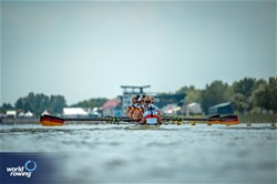Judith Guhse (b), Melanie Goeldner, Tabea Kuhnert, Sophie Leupold, Lena Osterkamp, Annabelle Bachmann, Alyssa Meyer, Nora Peuser (s), Annalena Fisch (c), Women's Eight, Germany, 2024 European Rowing Championships, Szeged, Hungary © World Rowing / Benedict Tufnell