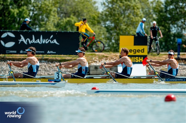 Jorn Salverda (b), Stijn Wieling, Michiel Mantel, Wibout Rustenburg (s), Men's Quadruple Sculls, Netherlands, 2024 European Rowing Championships, Szeged, Hungary © World Rowing / Benedict Tufnell