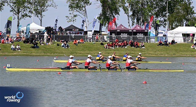 Joel Schuerch (b), Tim Roth, Patrick Brunner, Kai Schaetzle (s), Men's Four, Switzerland, 2024 European Rowing Championships, Szeged, Hungary © Detlev Seyb / MyRowingPhoto.com
