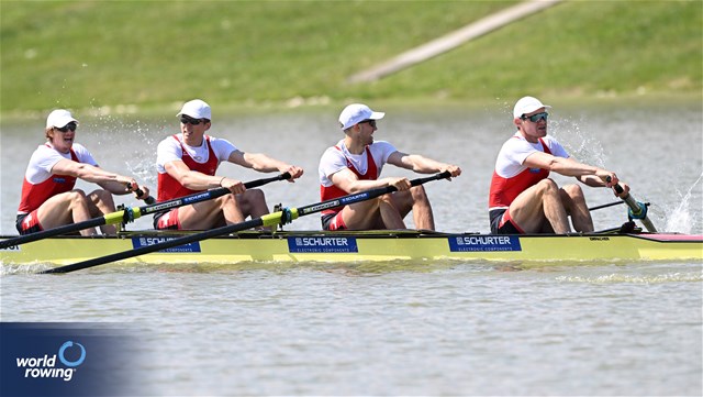 Joel Schuerch (b), Tim Roth, Patrick Brunner, Kai Schaetzle (s), Men's Four, Switzerland, 2024 European Rowing Championships, Szeged, Hungary © Detlev Seyb / MyRowingPhoto.com