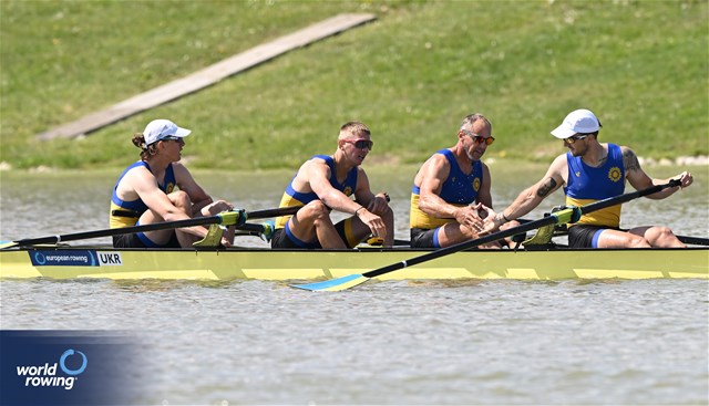 Dmytro Hula (b), Oleh Kravchenko, Sergii Gryn, Oleksii Selivanov (s), Men's Four, Ukraine, 2024 European Rowing Championships, Szeged, Hungary © Detlev Seyb / MyRowingPhoto.com