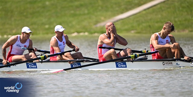 Bartosz Bartkowski (b), Mateusz Wilangowski, Mikolaj Burda, Michal Szpakowski (s), Men's Four, Poland, 2024 European Rowing Championships, Szeged, Hungary © Detlev Seyb / MyRowingPhoto.com