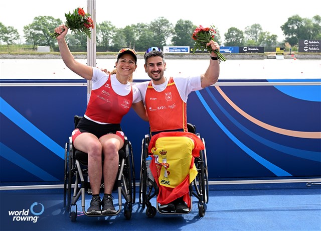 Claire Ghiringhelli, PR1 Womens Single Sculls, Switzerland, Gold, Javier Garcia Martinez, PR1 Mens Single Sculls, Spain, Gold, 2024 World Rowing European Olympic and Paralympic Qualification Regatta, Szeged, Hungary © Detlev Seyb / MyRowingPhoto.com