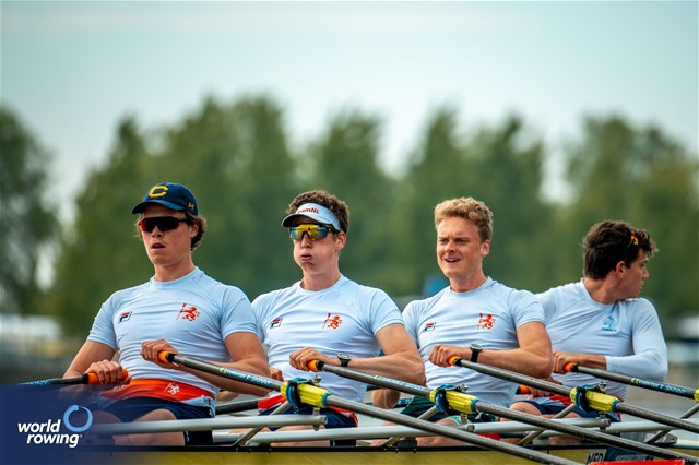 Jorn Salverda (b), Stijn Wieling, Michiel Mantel, Wibout Rustenburg (s), Men's Quadruple Sculls, Netherlands, 2024 European Rowing Championships, Szeged, Hungary © World Rowing / Benedict Tufnell