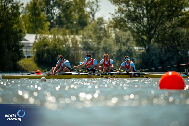 Jorn Salverda (b), Stijn Wieling, Michiel Mantel, Wibout Rustenburg (s), Men's Quadruple Sculls, Netherlands, 2024 European Rowing Championships, Szeged, Hungary © World Rowing / Benedict Tufnell