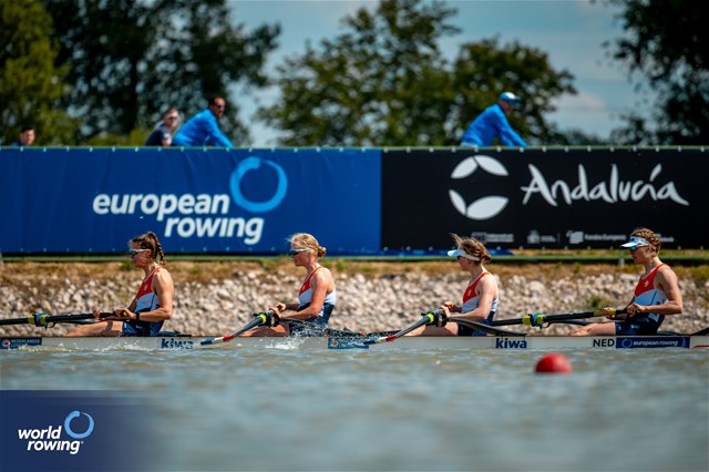 Maartje Damen (b), Nika Johanna Vos, Ilse Kolkman, Willemijn Mulder (s), Women's Four, Netherlands, 2024 European Rowing Championships, Szeged, Hungary © World Rowing / Benedict Tufnell
