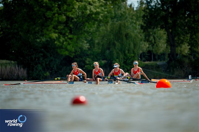 Maartje Damen (b), Nika Johanna Vos, Ilse Kolkman, Willemijn Mulder (s), Women's Four, Netherlands, 2024 European Rowing Championships, Szeged, Hungary © World Rowing / Benedict Tufnell