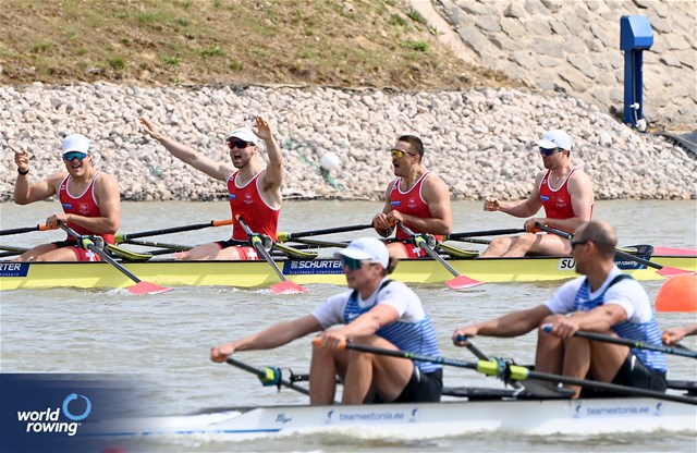 Dominic Condrau (b), Jan Jonah Plock, Scott Baerlocher, Maurin Lange (s), Men's Quadruple Sculls, Switzerland, 2024 European Rowing Championships, Szeged, Hungary © Maren Derlien / MyRowingPhoto.com