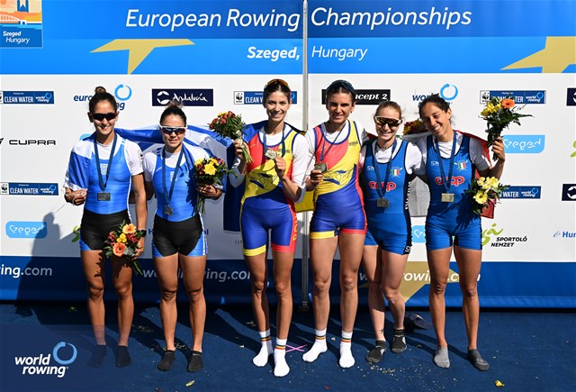 Gianina Van Groningen (b), Ionela Cozmiuc (s), Lightweight Women's Double Sculls, Romania, Gold, Dimitra Eleni Kontou (b), Zoi Fitsiou (s), Greece, Silver, Federica Cesarini (b), Silvia Crosio (s), Lightweight Women's Double Sculls, Italy, Bronze, 2024 European Rowing Championships, Szeged, Hungary © Detlev Seyb / MyRowingPhoto.com