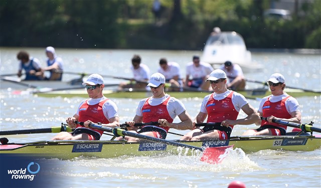 Joel Schuerch (b), Tim Roth, Patrick Brunner, Kai Schaetzle (s), Men's Four, Switzerland, 2024 European Rowing Championships, Szeged, Hungary © Maren Derlien / MyRowingPhoto.com