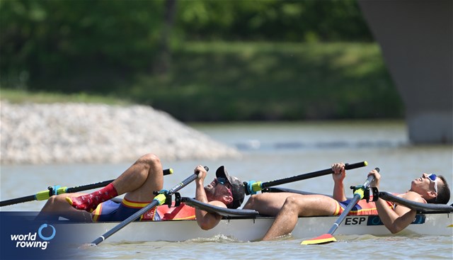 Aleix Garcia I Pujolar (b), Rodrigo Conde Romero (s), Men's Double Sculls, Spain, 2024 European Rowing Championships, Szeged, Hungary © Detlev Seyb / MyRowingPhoto.com