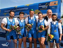 Greta Elizabeth Muti (b), Tommaso Schettino, Marco Frank, Carolina Foresti (s), Enrico D'Aniello (c), PR3 Mixed Coxed Four , Italy, Bronze, 2024 European Rowing Championships, Szeged, Hungary © Detlev Seyb / MyRowingPhoto.com