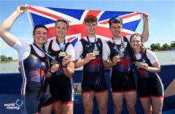 Francesca Allen (b), Joshua O'Brien, Giedre Rakauskaite, Edward Fuller (s), Erin Kennedy (c), PR3 Mixed Coxed Four , Great Britain, Gold, 2024 European Rowing Championships, Szeged, Hungary © Detlev Seyb / MyRowingPhoto.com