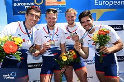 Thibaud Turlan (b), Guillaume Turlan, Benoit Brunet, Teo Rayet (s), Men's Four, France, Bronze, 2024 European Rowing Championships, Szeged, Hungary © Detlev Seyb / MyRowingPhoto.com