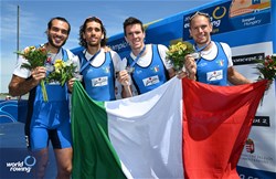 Matteo Lodo (b), Giovanni Abagnale, Giuseppe Vicino, Nicholas Kohl (s), Men's Four, Italy, Silver, 2024 European Rowing Championships, Szeged, Hungary © Detlev Seyb / MyRowingPhoto.com