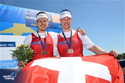 Roman Roeoesli (b), Andrin Gulich (s), Men's Pair, Switzerland, Bronze, 2024 European Rowing Championships, Szeged, Hungary © Detlev Seyb / MyRowingPhoto.com