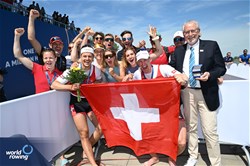 Roman Roeoesli (b), Andrin Gulich (s), Men's Pair, Switzerland, Bronze, 2024 European Rowing Championships, Szeged, Hungary © Detlev Seyb / MyRowingPhoto.com
